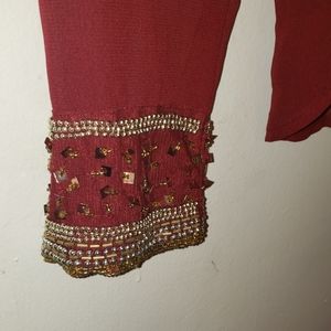 Sheer Burgundy Sequin Cuff Blouse